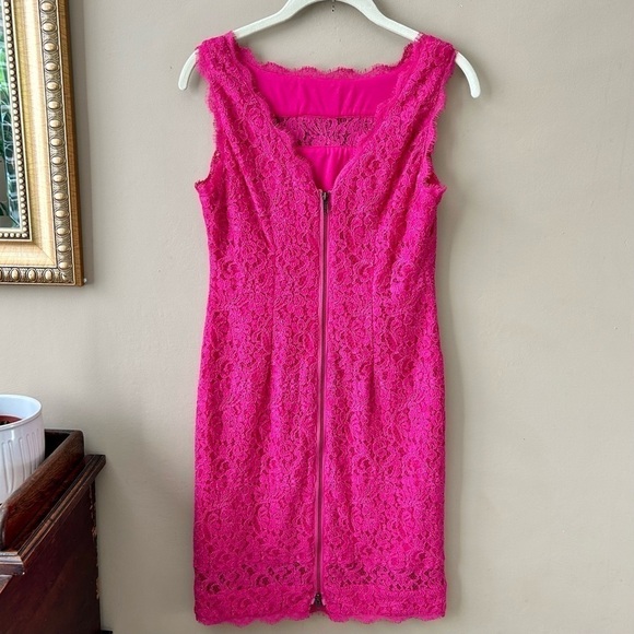 Adrianna Papell Barbie Pink Boat Neck Sleeveless Lace Cocktail Dress Size 2 - Picture 8 of 13